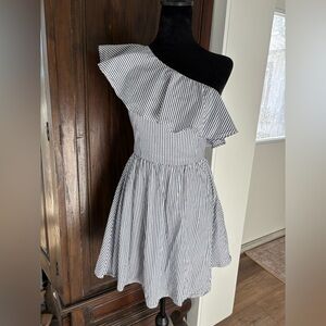 J.O.A. Striped one shoulder dress with ruffle and full skirt size s blue & white